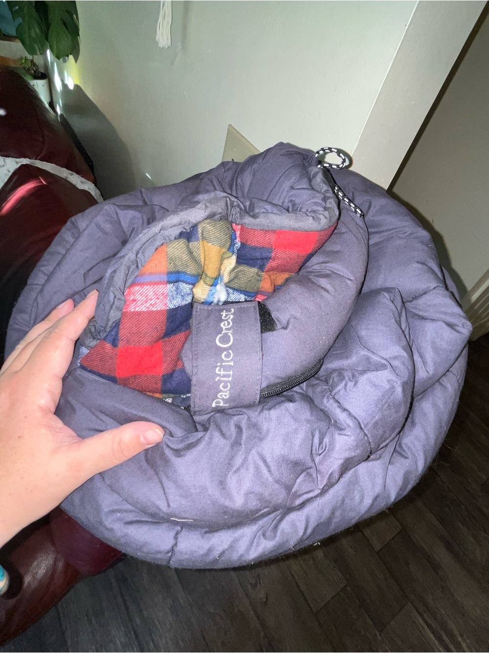 Pacific Crest Hooded Rectangular Sleeping Bag Grey Plaid Flannel Lining